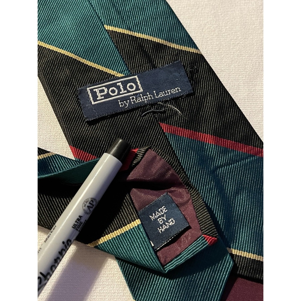 Polo Ralph Lauren Vintage Black Green Red Striped Repp Jamaica Silk Tie USA